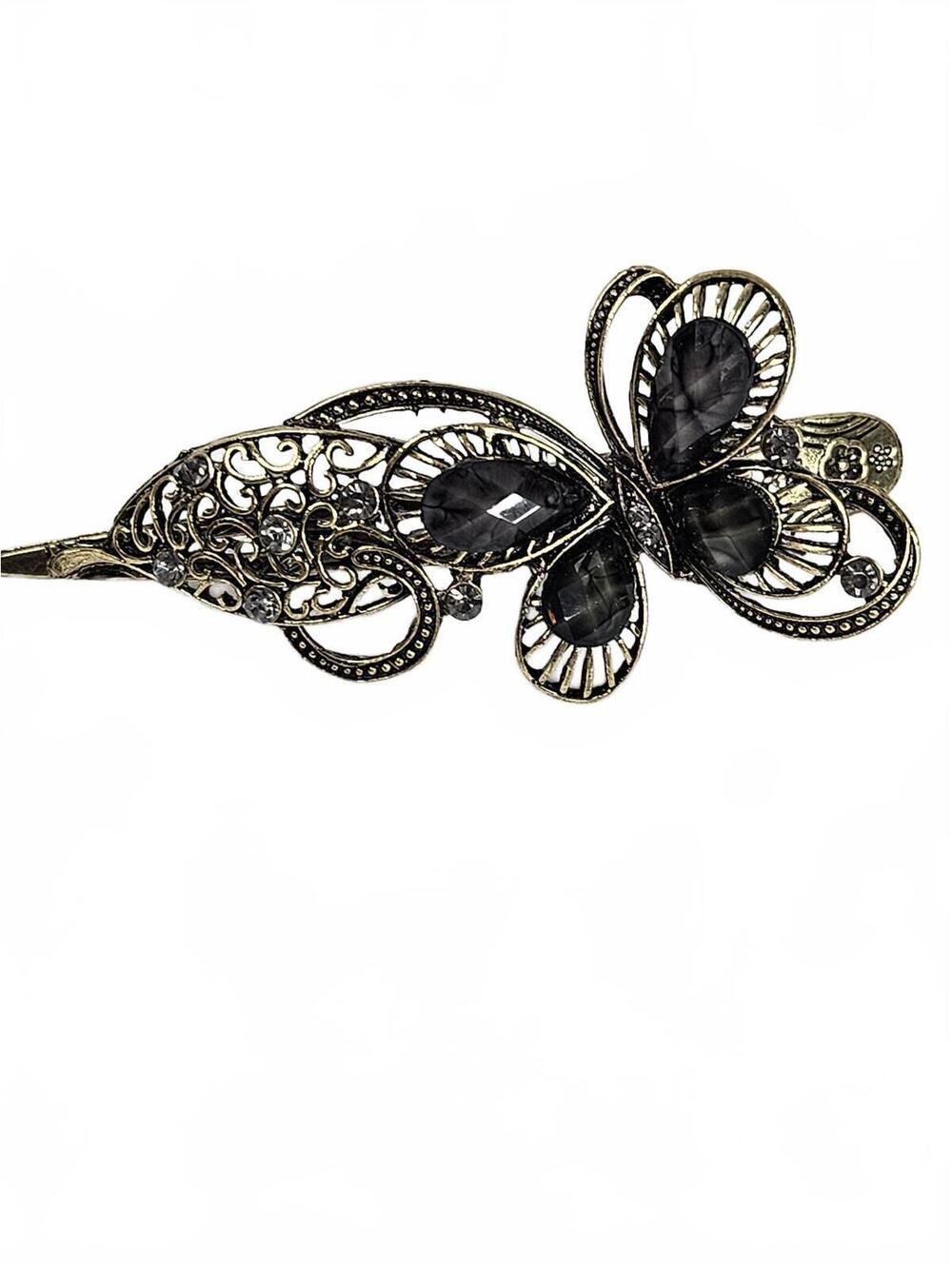 Vintage Butterfly Open Work Gold-tone Filigree Hair Clip w/Smoky Grey Gemstones